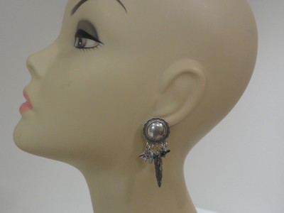 Estate Unmarked Sterling Silver Concho Feather Bear Tomahawk Earrings Turquoise