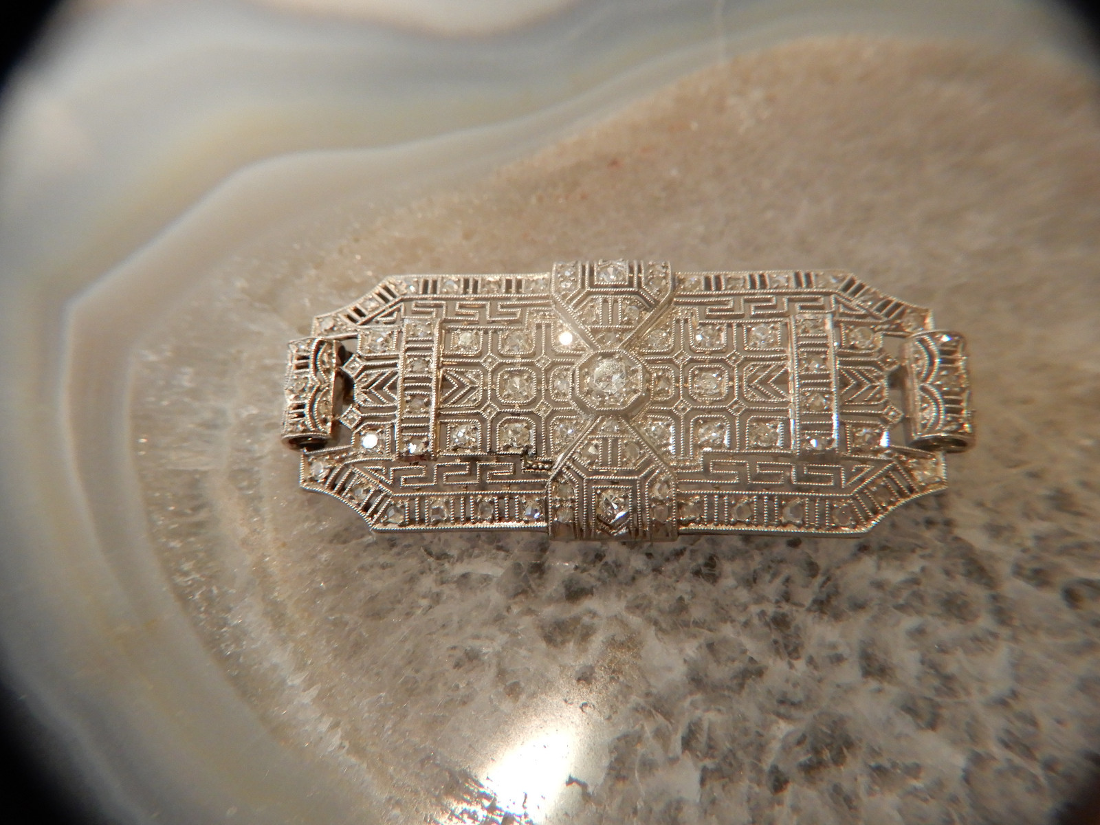 Estate 1920's Art Deco Platinum Pave Diamond Filigree Broach
