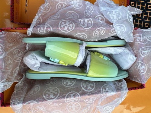 Pre-owned Tory Burch Everly Slide Flat Soft Patent Leather Celeste Ombré W Logo Sz 7 In Green/yellow
