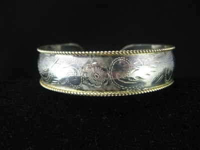 Brass and Sterling Silver 925 Etched Flower Cuff Bracelet
