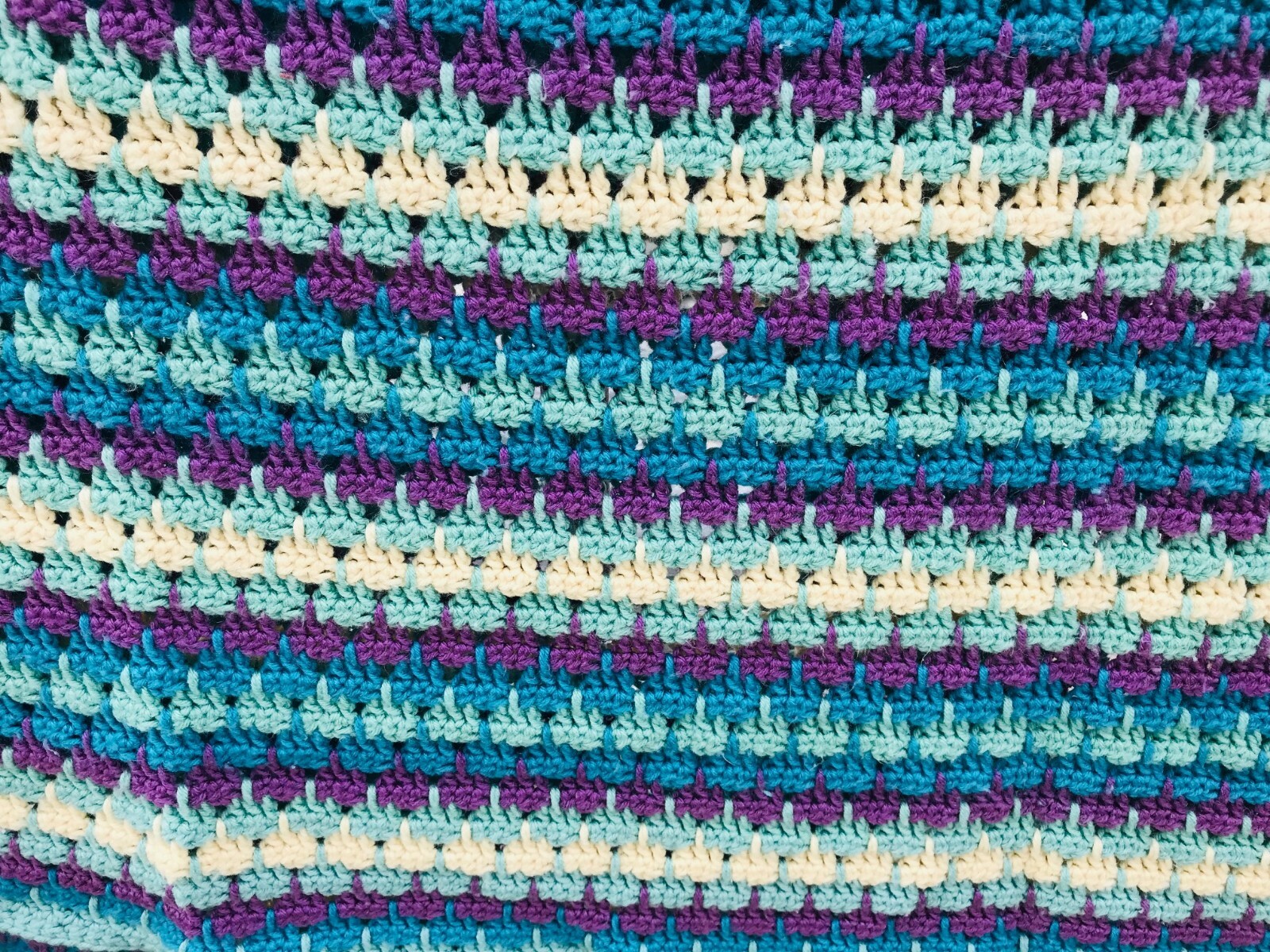 vintage crochet large throw Blanket 88x74 quilt crochet green blue purple yellow