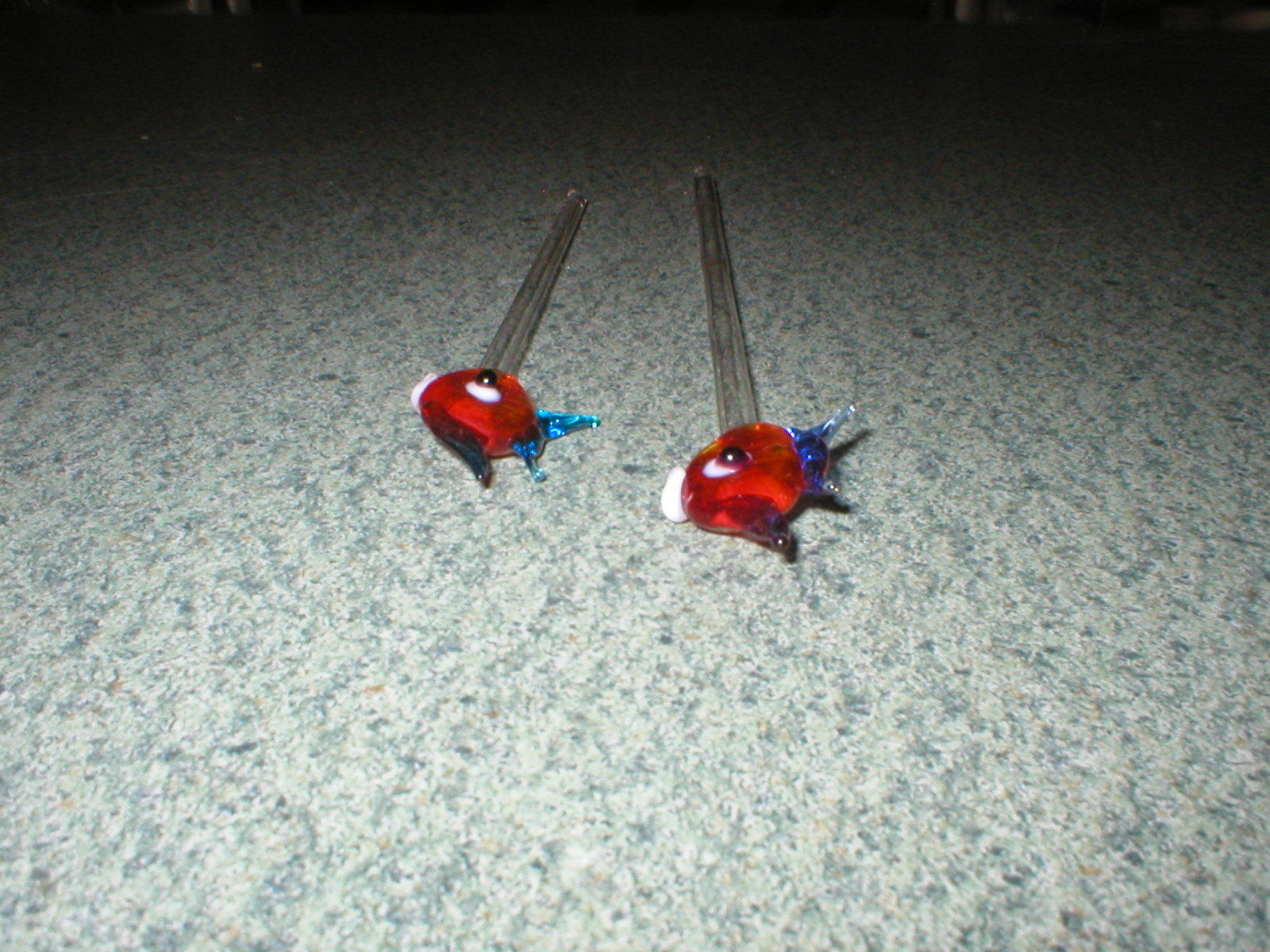 2 VTG Blown Art Glass Red/Blue Fish Swizzle Sticks Stir Pick Sticks 6 5/8