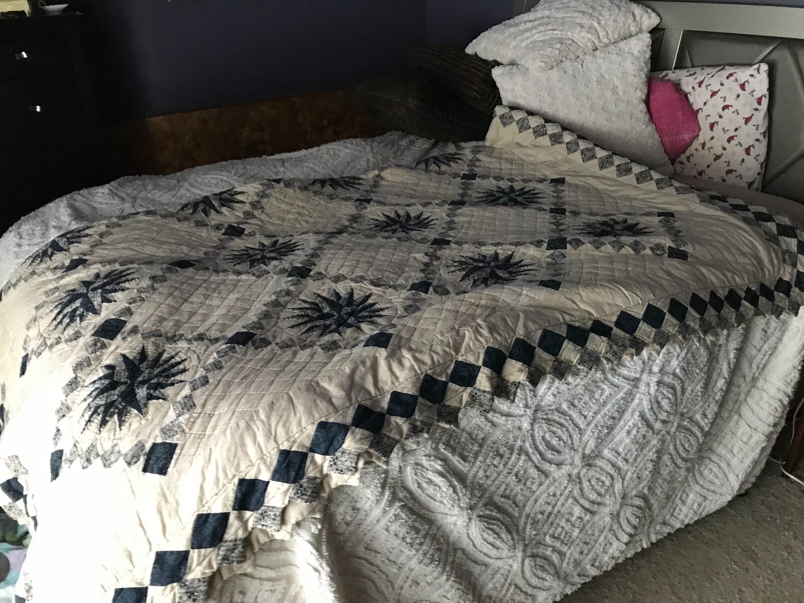 Vtg Blue Cream Hedaya home QUILT Quilted BLANKET Bedspread 92X84 DBL & Sham