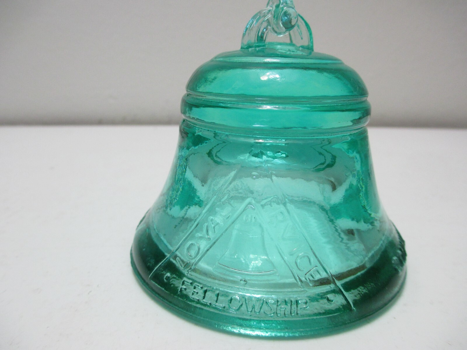 Vintage Telephone Pioneers of America Glass Bell Paperweight Teal Green 1989