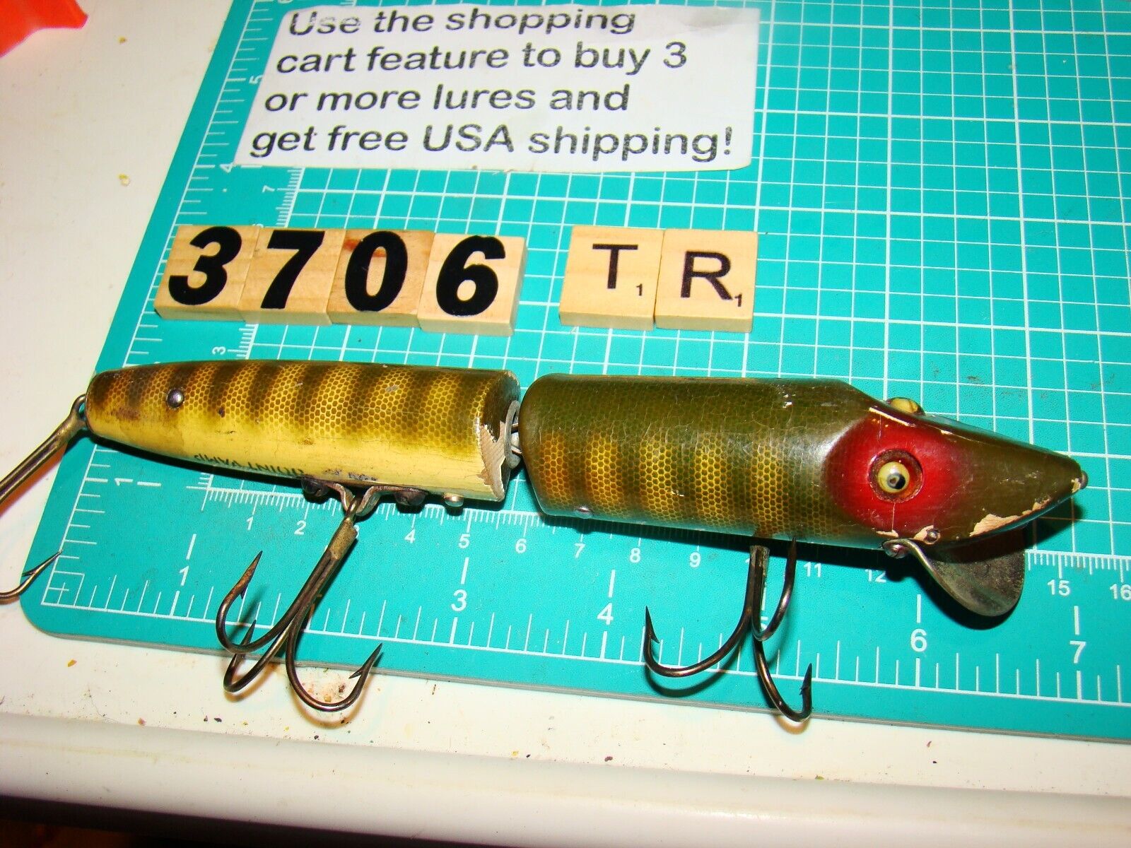 V3706 TR HEDDON 7 INCH GIANT JOINTED VAMP WOODEN GLASS EYED V3706 TR HEDDON 7 INCH GIANT JOINTED VAMP WOODEN GLASS EYED
