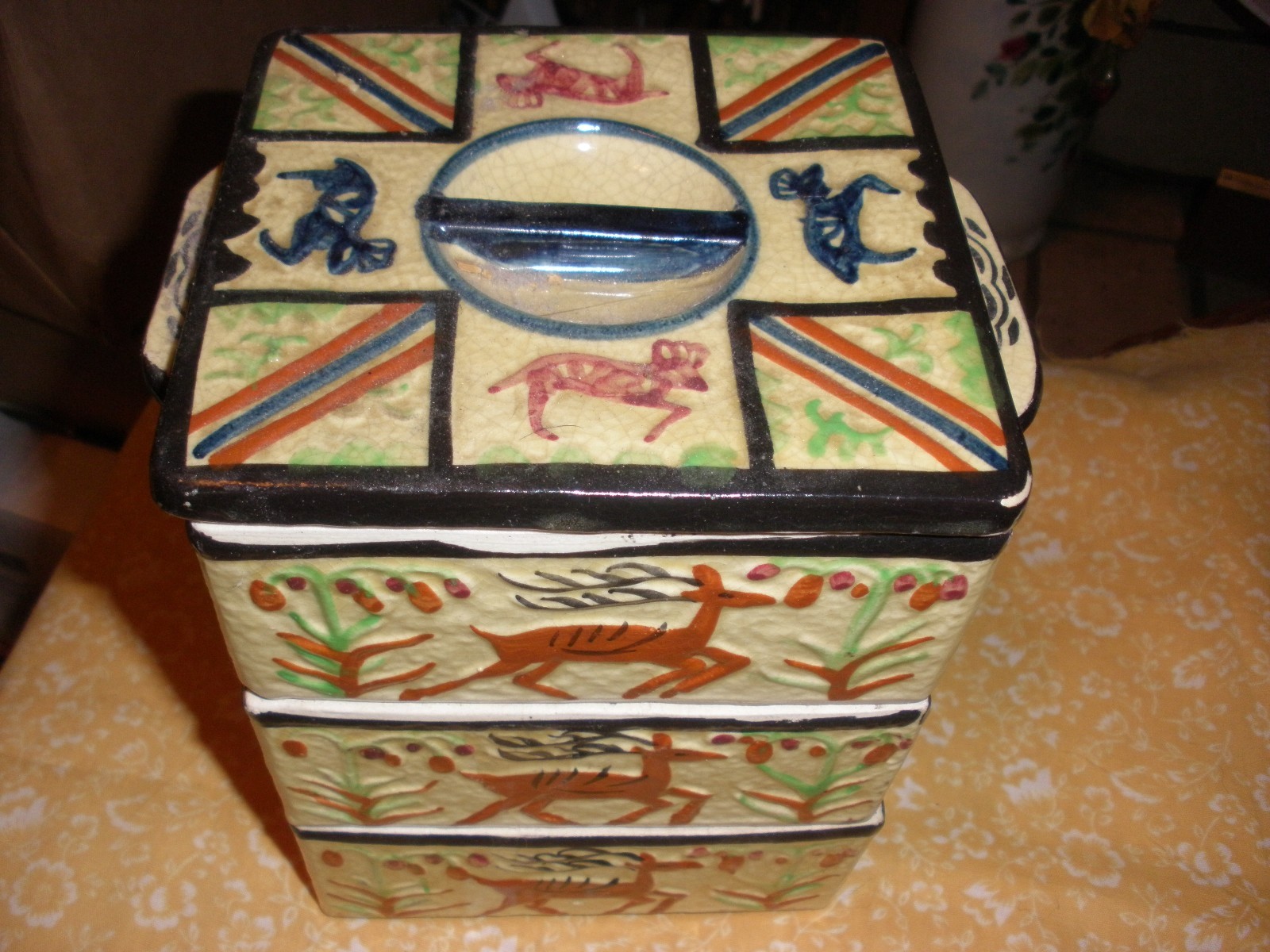 Vintage Hand Painted Japan Majolica Stacking Sewing Vanity Box