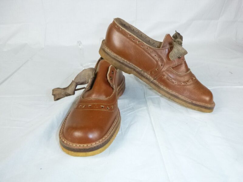 Deadstock Vtg 1930s Brown Leather Childrens Shoes Crepe Sole Sz 11.5 