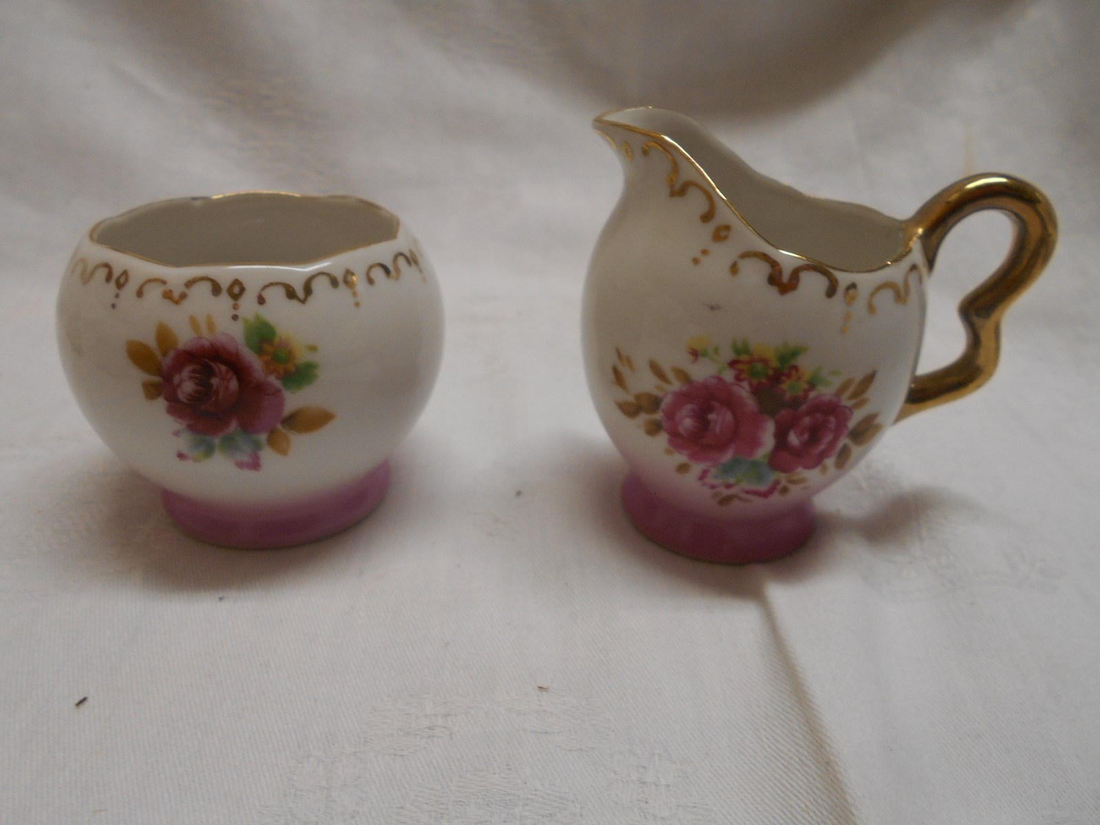 vintage porcelain miniature cream & sugar set pink roses floral 2