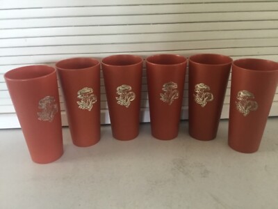 Vintage NASCO Rare Set Of 6 Brown Plastic Cups Tumblers Gold Mushrooms