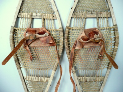 Antique OLD Snowshoes 11 x 37 Very Fine Webbing w/ Traces old Pompoms Decor