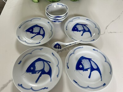 Vintage Lot Of  8 Koi Fish ~ Hand Painted Ceramic Blue White Salad, Bowls, Spoon