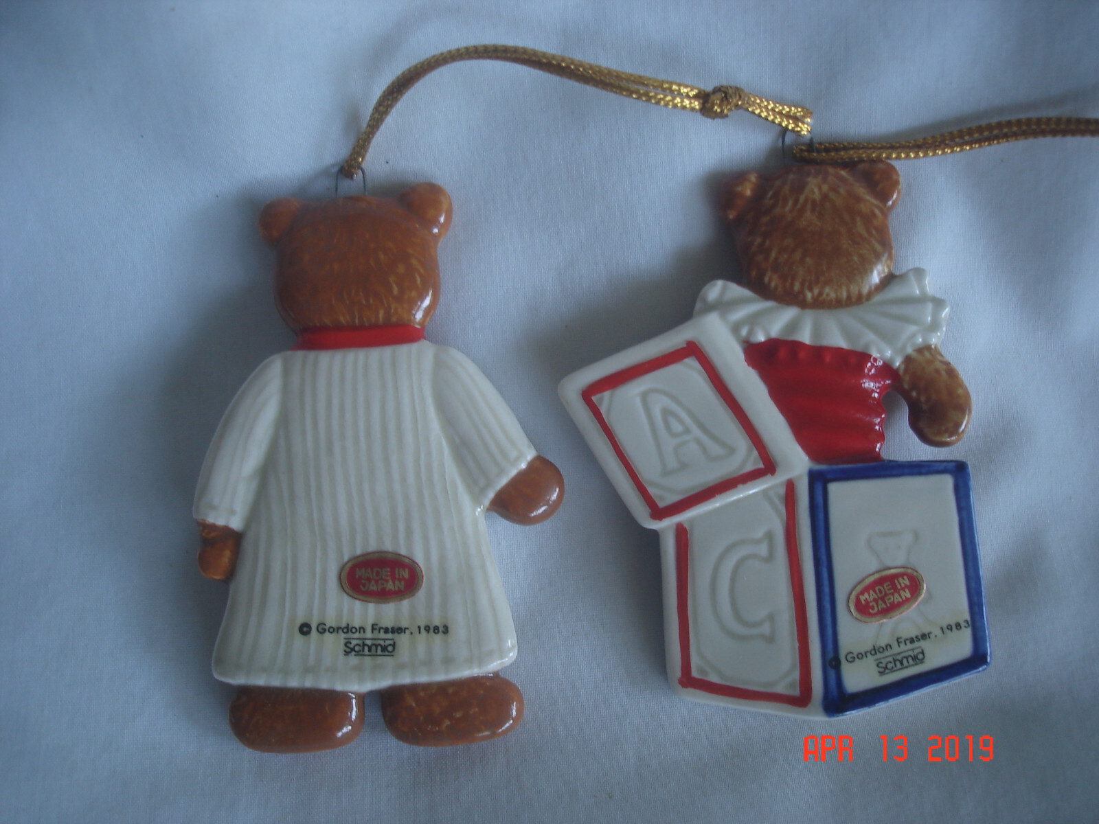 2 1983 GORDON FRASER SCHMID CERAMIC TEDDY BEAR CHRISTMAS ORNAMENTS Labels/Japan