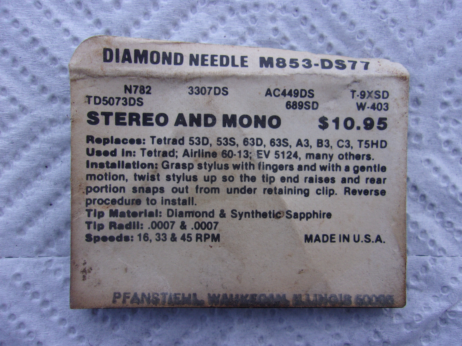 NOS Pfanstiehl M853-DS77 Diamond Needle Stylus For Tetrad Airline 60-13, EV 5124