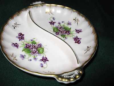 Lefton Divided Relish Dish Purple Flowers Gold Trim