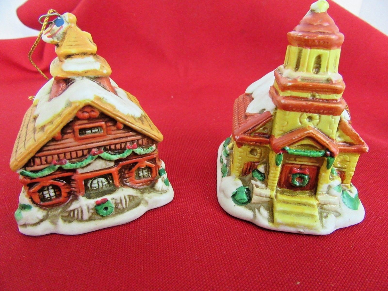 330. Two 2 Lefton Christmas Ornaments 1986 Church & Lodge or Cottage Sri Lanka