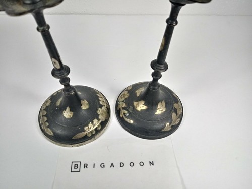 Antique Black and Sterling Silver Candle Holder Pair - India