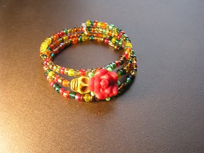 Day of the Dead Bracelet Wrap around Sugar Skull Yellow red flower Multi colors