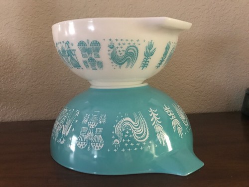 PYREX Turquoise White Hot Air Balloon Pattern Set 2 Vintage Excellent 4 Qt 2.5