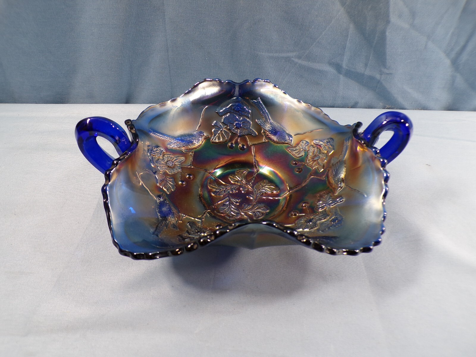 Fenton Blue Carnival Glass Birds & Cherries 2 Handled Bonbon