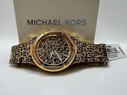 Pre-owned Michael Kors Lennox Animal Leopard Pavé Gold-tone 43mm Case Watch