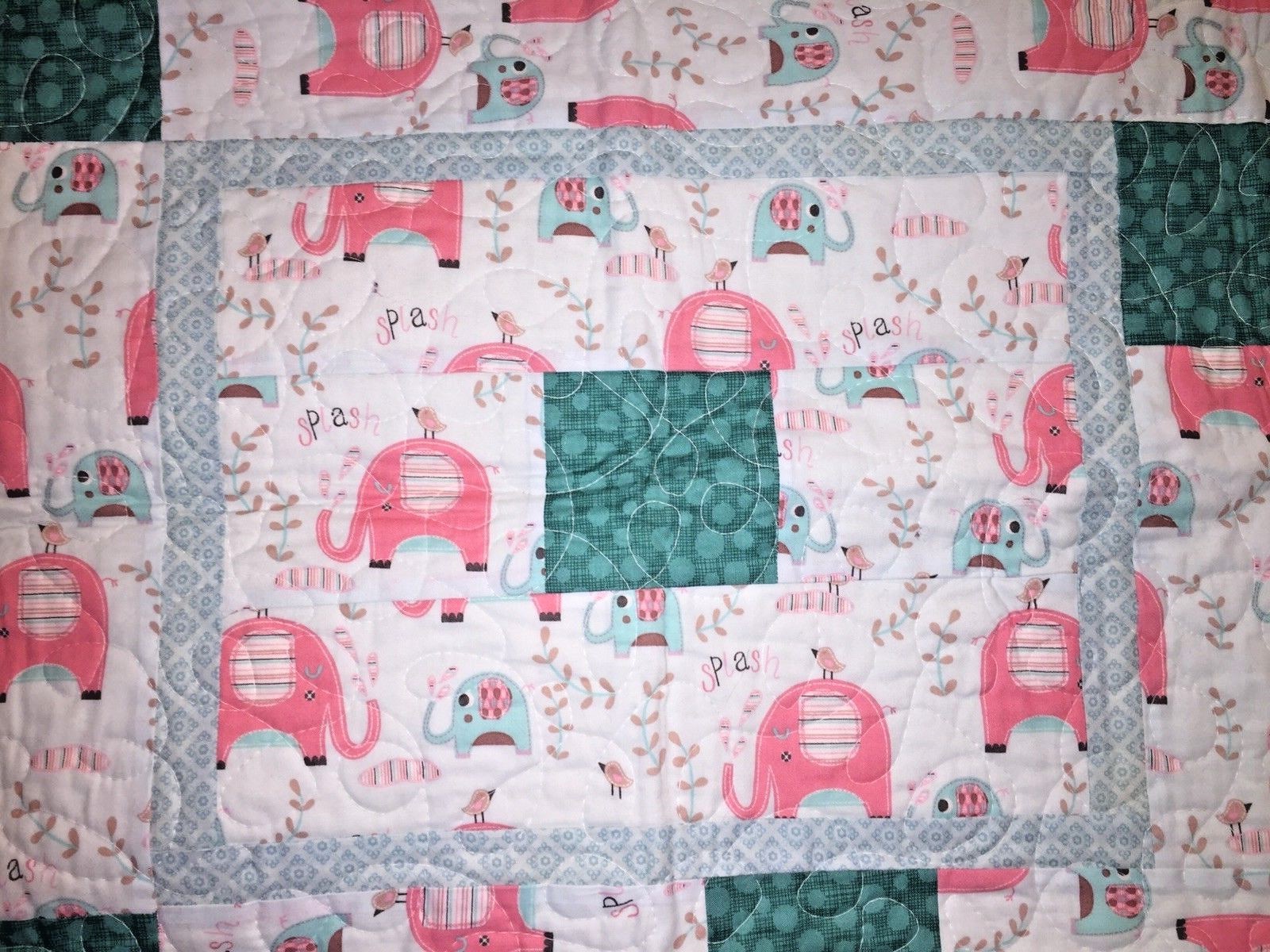 40 X 43 HANDMADE BABY GIRL CRIB BLANKET PINK ELEPHANTS BIRDS PATCHWORK QUILT