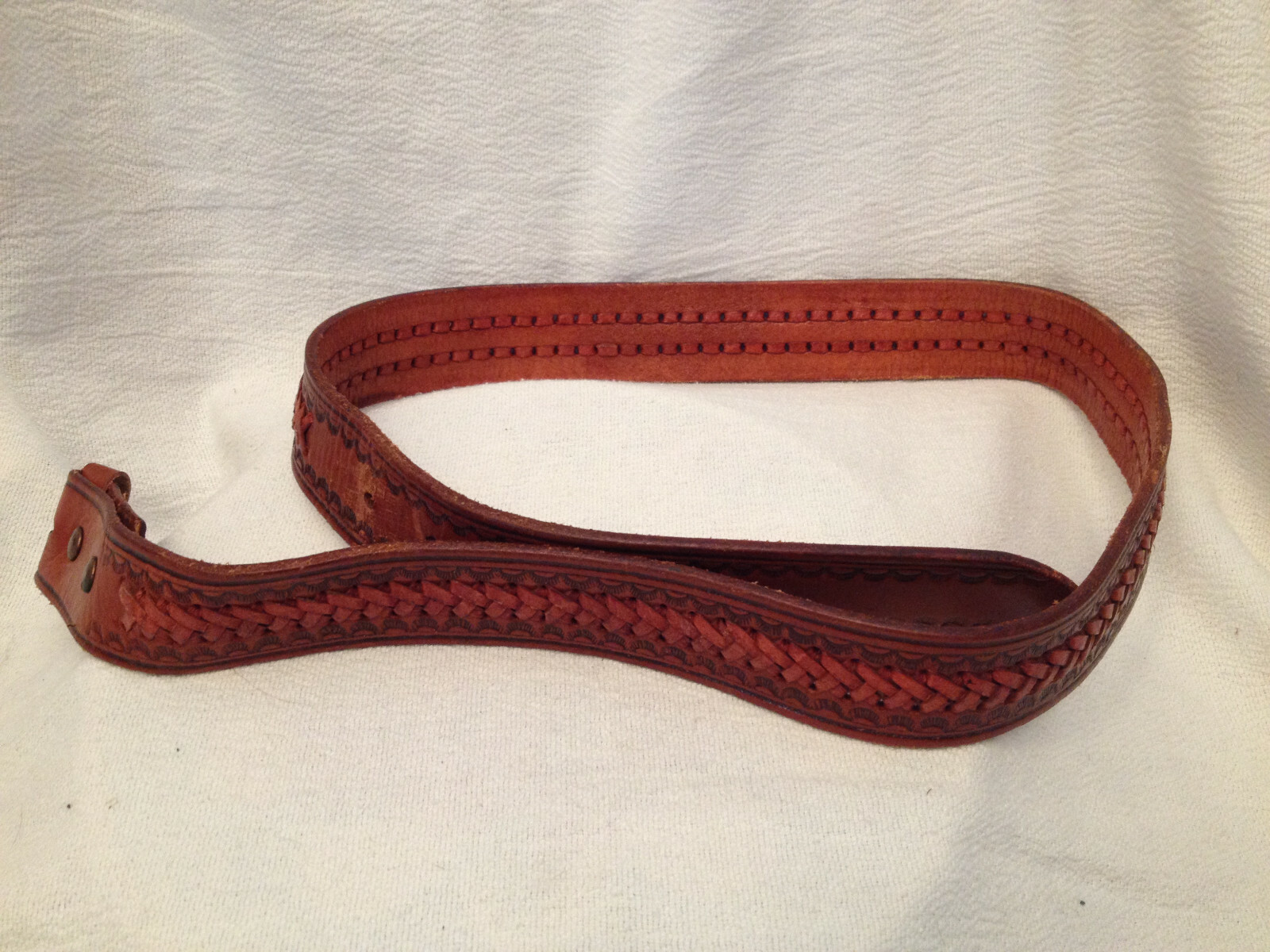MEN'S VINTAGE LEATHER BELT GENUINE COWHIDE NO BUCKLE BRAIDED LEATHER DETAILING