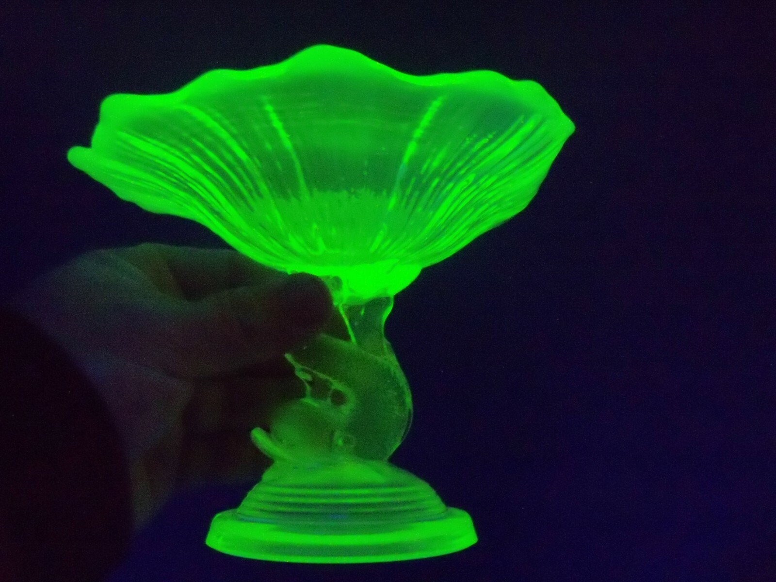 Vintage Northwood Vaseline Opalescent Compote w/ Dolphin Figural Stem