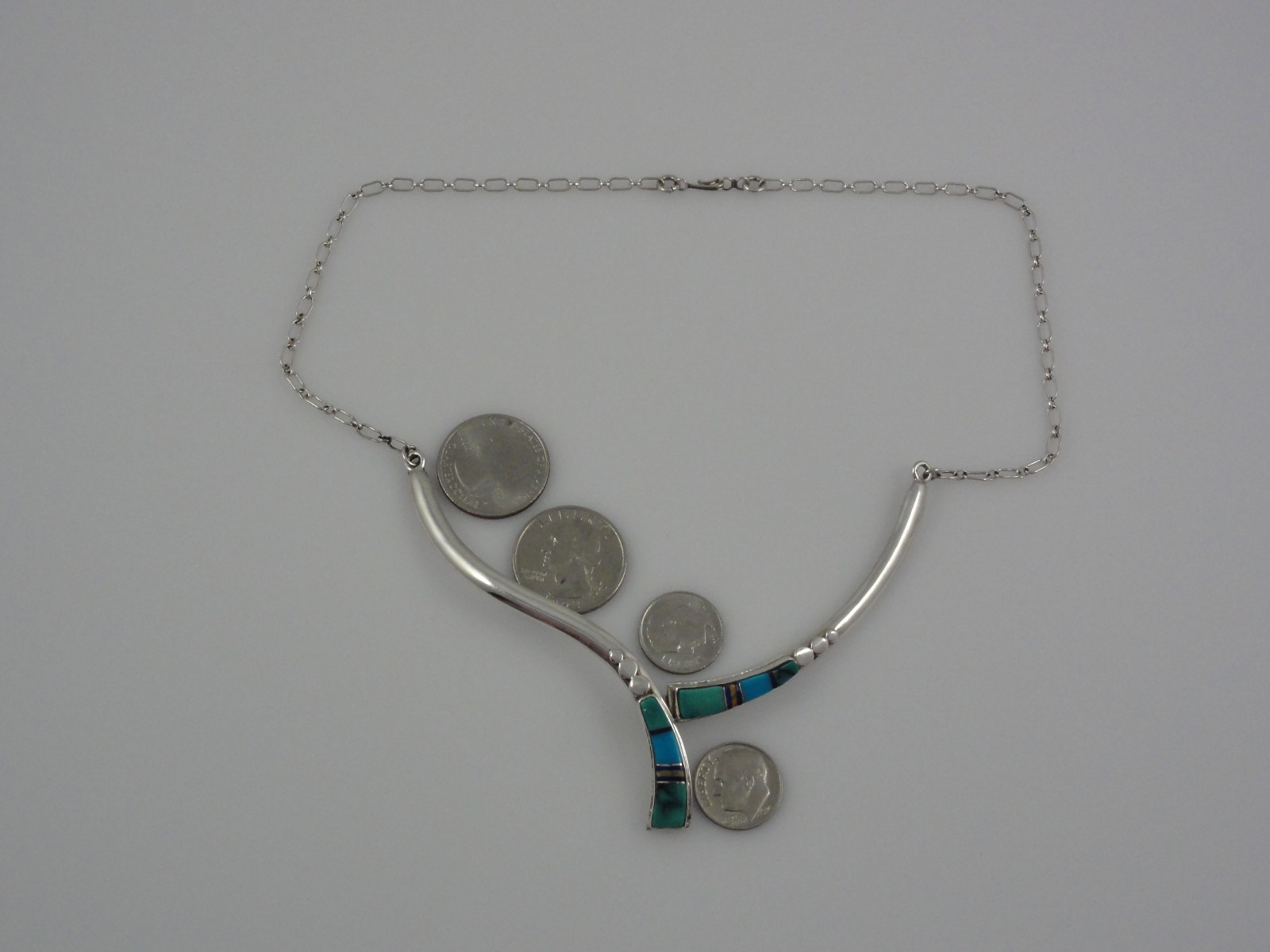 Estate Sterling Silver Turquoise Inlay Necklace Multi Color Southwestern