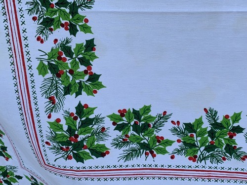 Vintage 1970’s Era Green & Red Cotton Blend Holly Christmas Tablecloth