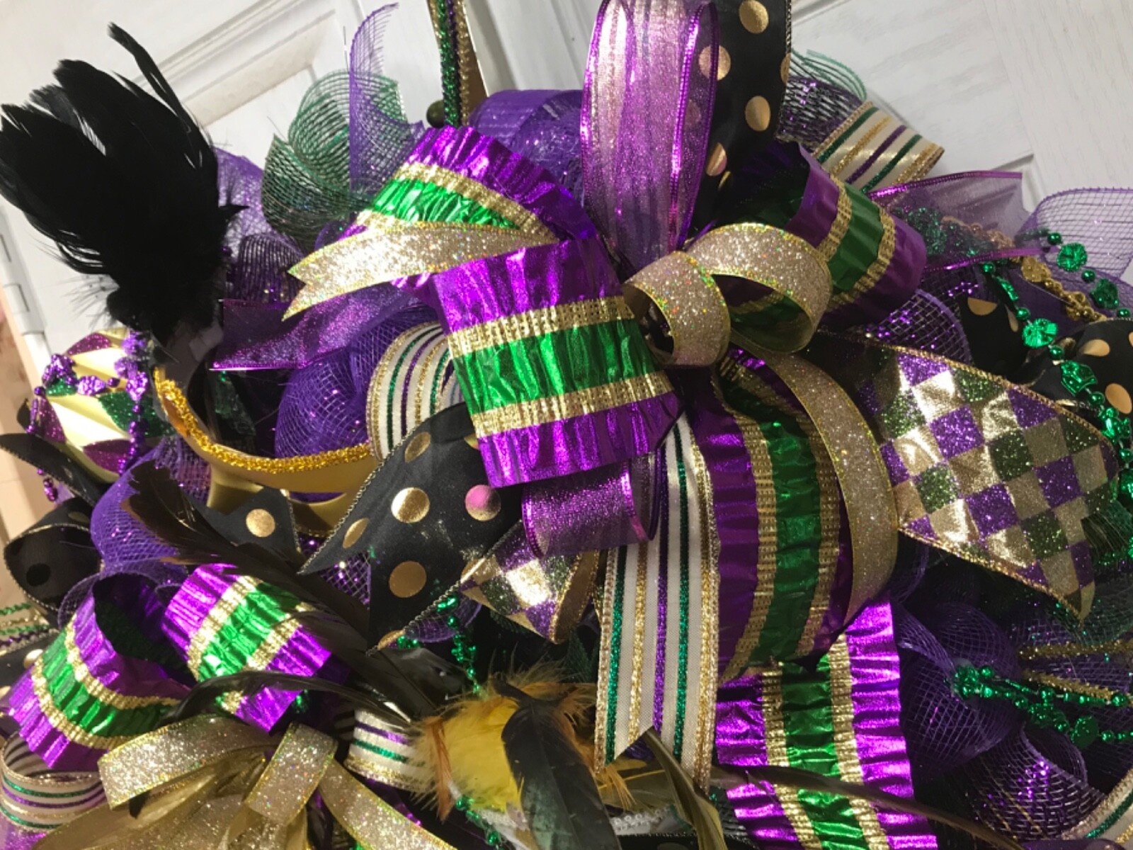 Mardi Gras wreath, Deco Mesh, green, purple, gold, feathered mask Ribbons, Beads