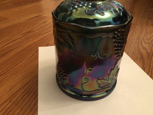 Indiana Carnival Glass Iridescent Blue Harvest Grape Biscuit Jar-Cookie-Tobacco