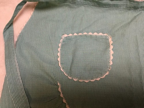 Vintage Homemade Apron Half Apron in Green and White Gingham with Rick Rack trim