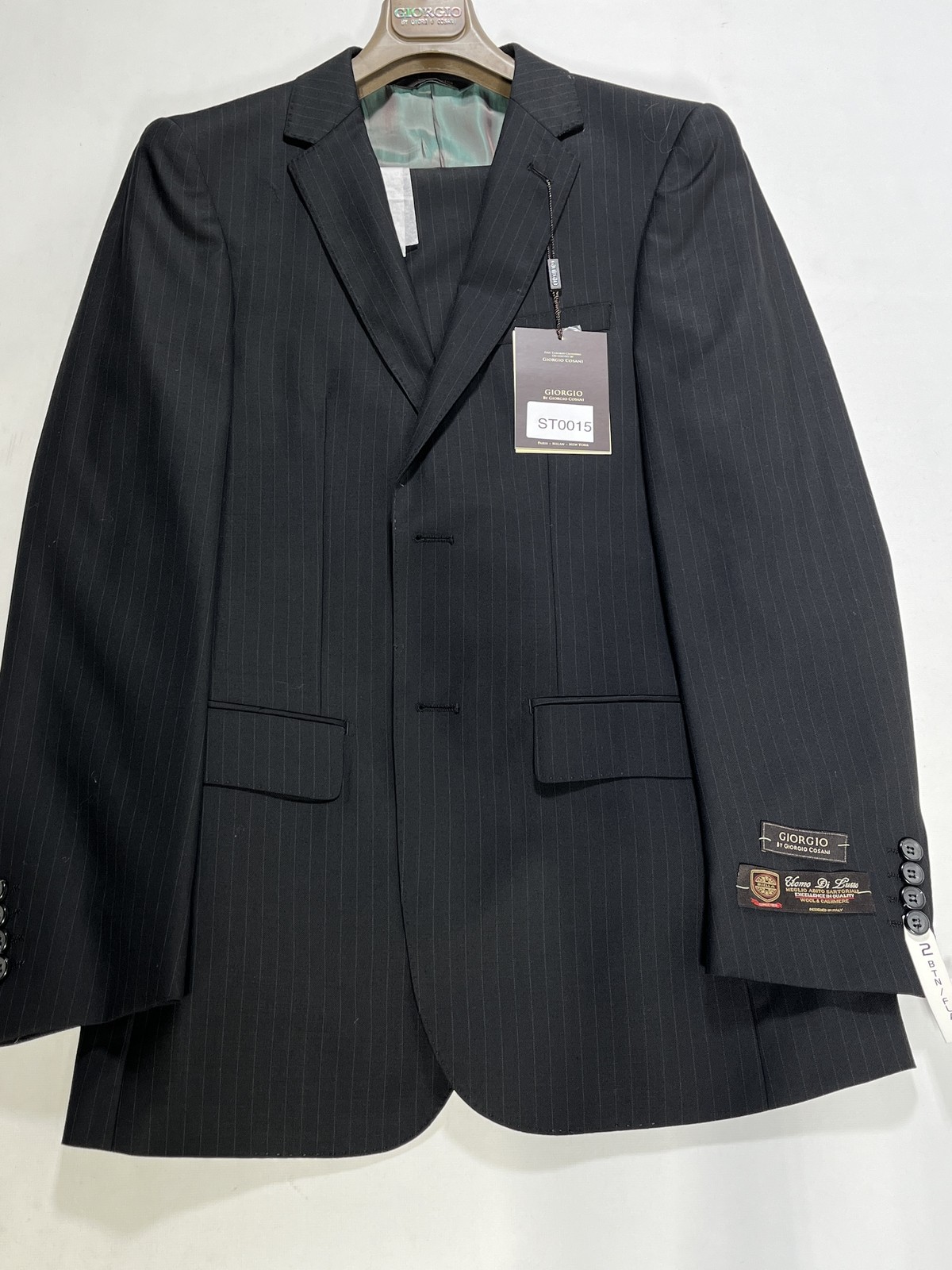 Mens Giorgio Cosani Black Pinstripe Two Button Flat Front Wool