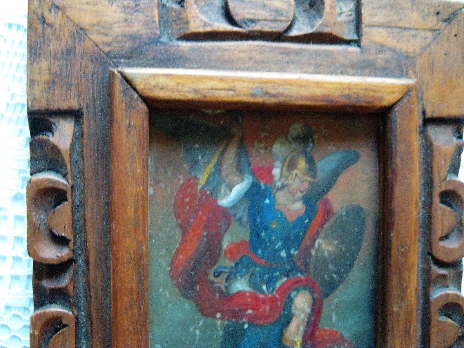 ORIGINAL ANTIQUE RETABLO ON TIN WITH THE IMAGE OF ARCHANGEL MICHAEL GREAT FRAME