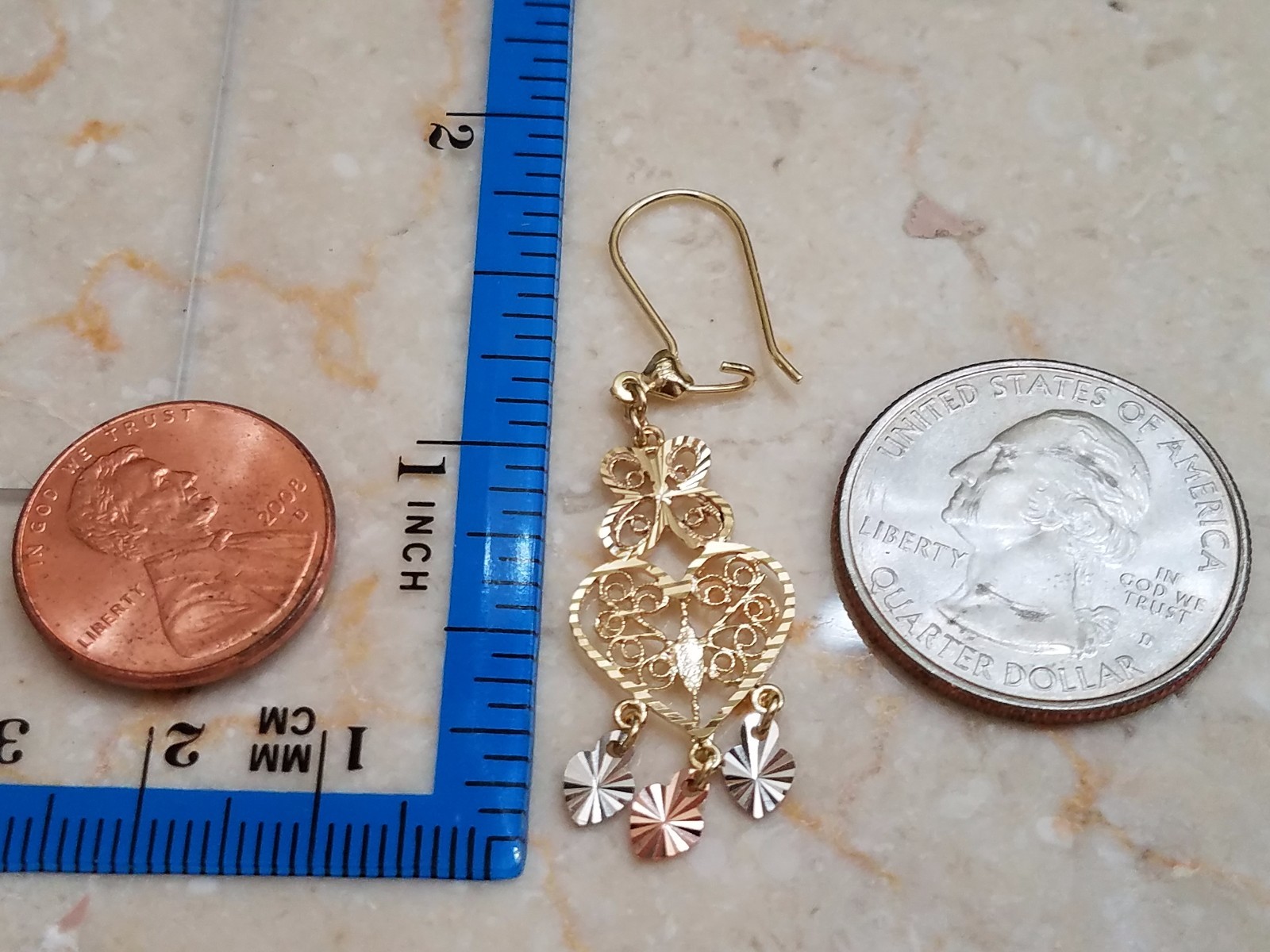 Pre-owned Handmade Gold Chandelier 14k Earring Filigree Heart Butterfly Gypsy Drop Dangle Long In Multicolor