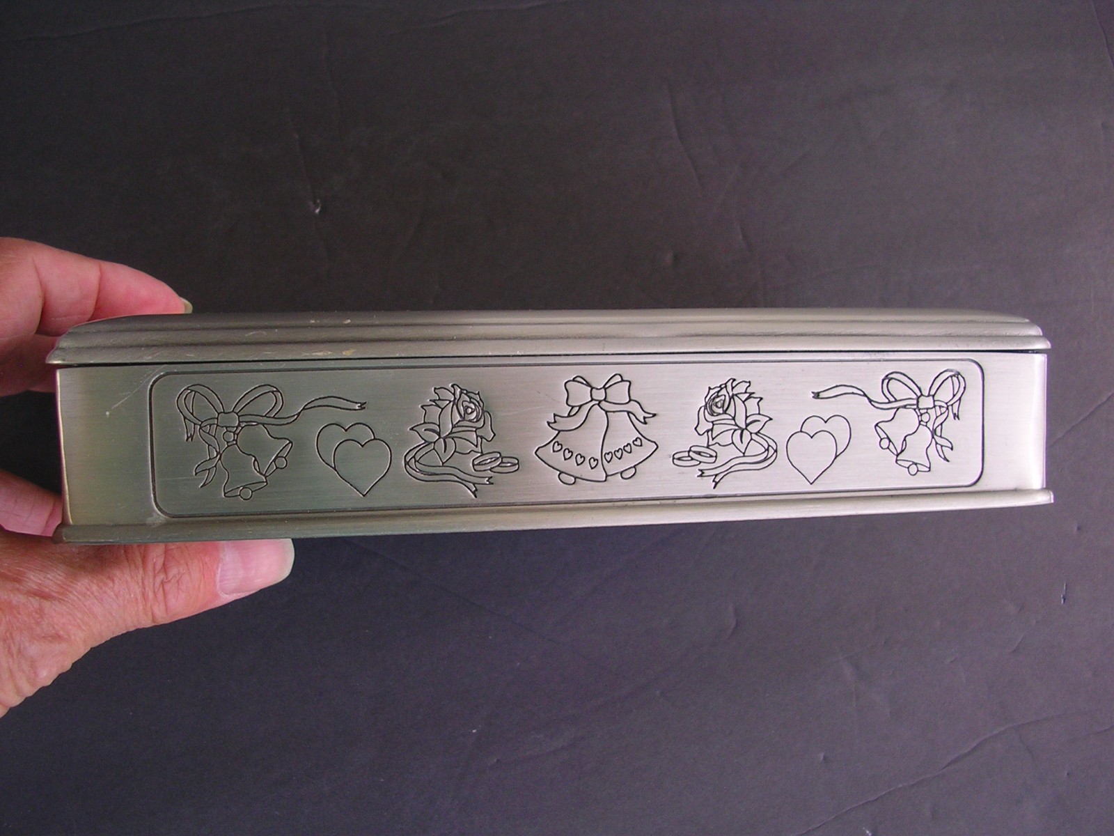WEDDING VIDEO BOX PEWTER MEMORABILIA KEEPSAKE BELLS & FLOWERS ENGRAVABLE NO BOX