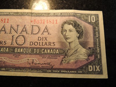 1954 BANK OF CANADA $ 10 TEN DOLLARS RARE PREFIX REPLACEMENT *B/V 0314811