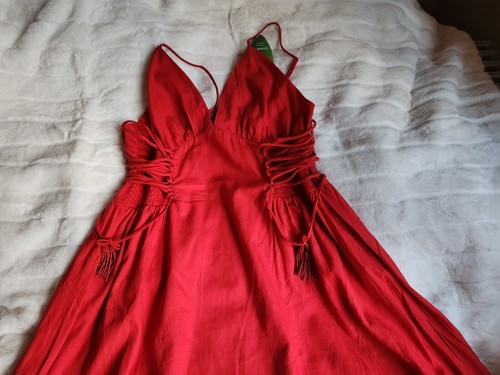 Pre-owned Farm Rio Linen-blend Lace-up Midi-dress Red Sz Xl