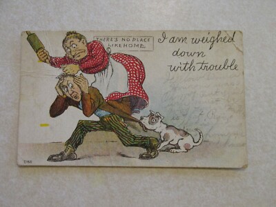 K299 Postcard Weighed down with trouble wife beating man with rolling pin 1907