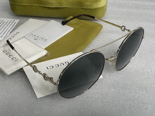 Pre-owned Gucci Gg0878s 001 Gold Havana Frame Grey Lens 59-20-140 Sunglasses Gg 0878 In Gray