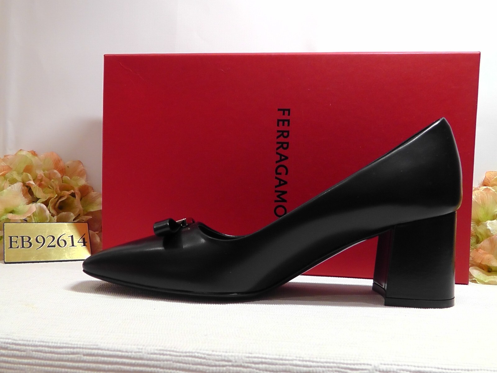 Pre-owned Ferragamo Black Leather Myra Bow Block Heel Pumps Size 9c $850nib