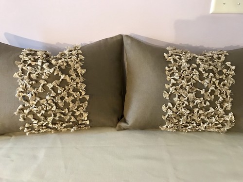 SET OF 2, THREADED EMBROIDERY “BOW” TIES LINEN PILLOWS