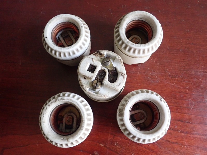 Set of 5 Antique Porcelain Light Sockets to Flush Mount on Sheet Metal