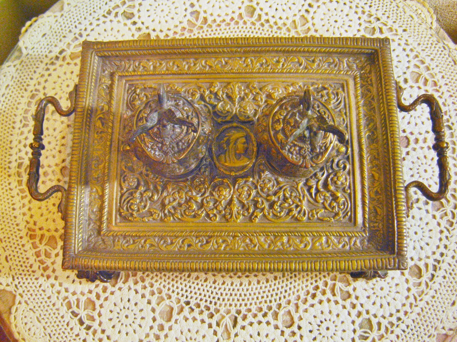 Antique Victorian Brass Double Glass Lined Ink Wells Gargoyle Lids Footed Tray