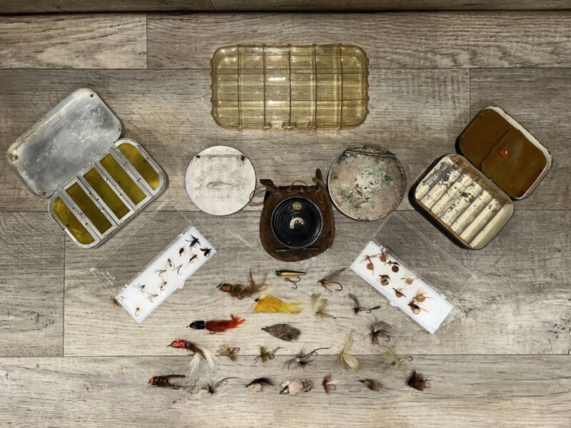 Vintage Fly Fishing Lot Flies Cases Fly Reel