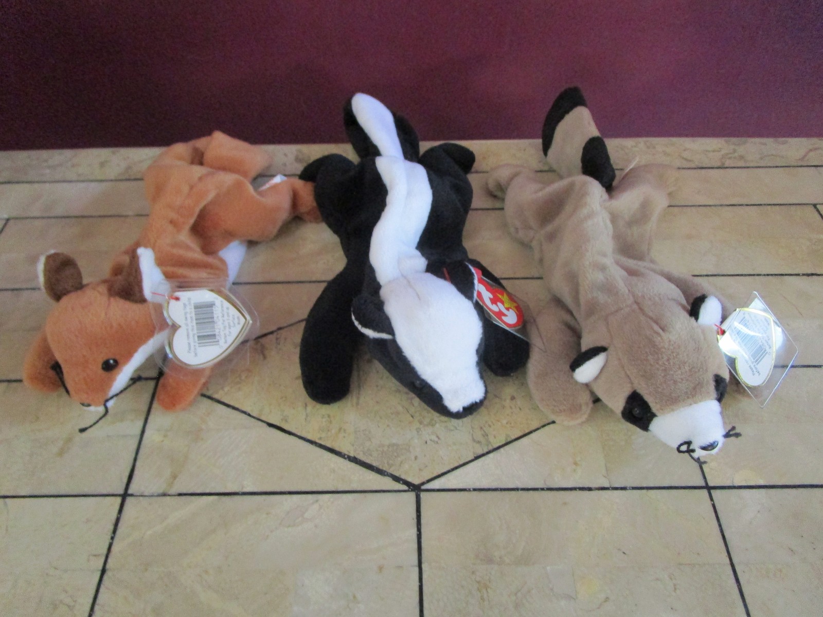 3 TY Beanie babies woodland forest animals raccoon, fox, skunk