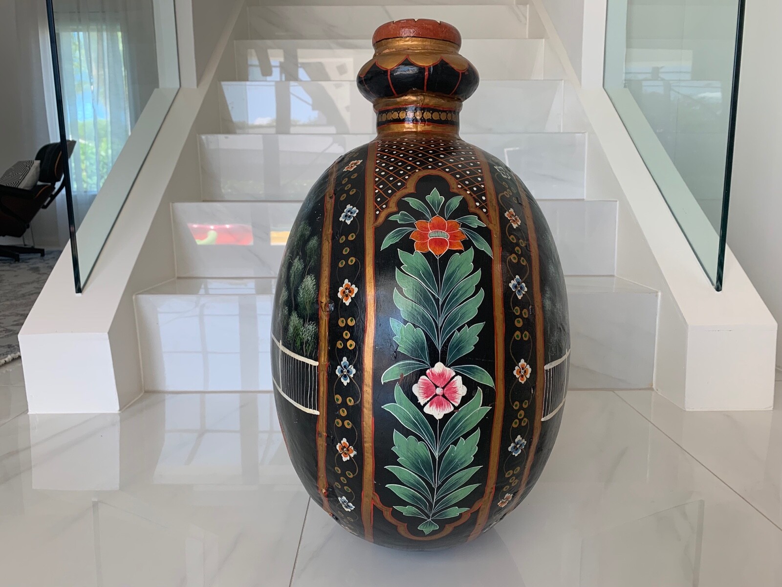 Antique India Hand Painted RAJASTHAN Metal Tin Water Bottle Vase H24-1/2