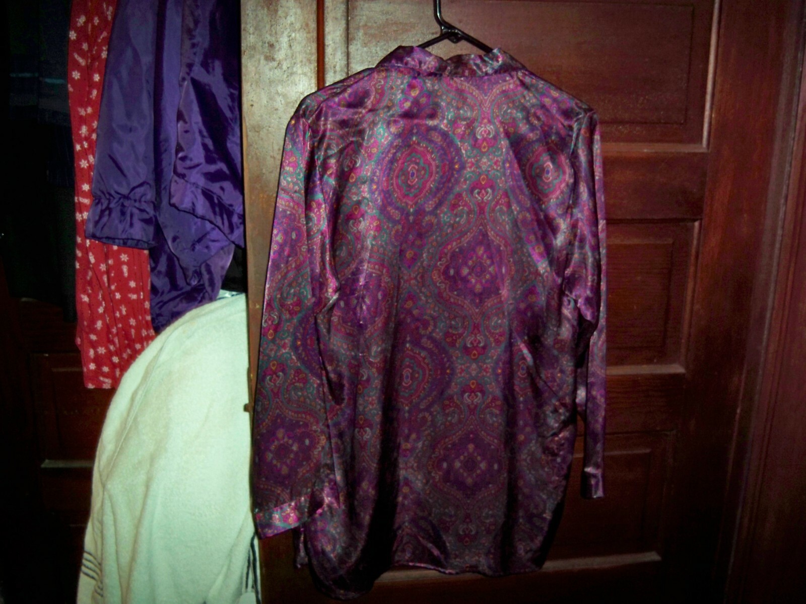 Romantic Moods, ladies royal purple/teal paisley satin sleep shirt,Size Small