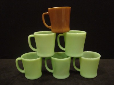 Set of 6 Fire King Oven Ware Jadite Jadeite & Brown Mugs MINT