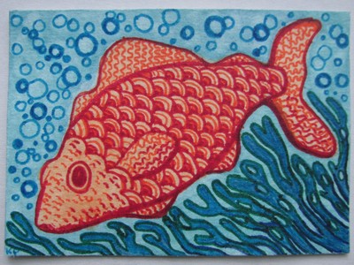 ACEO Original Art, Orange Glow Fish, Watercolor & Pen Drawing, blue water